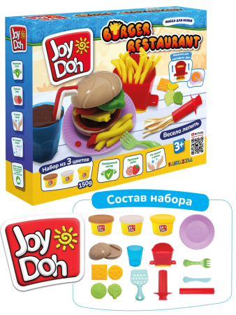 Масса для лепки 3*50гр+13 аксессуаров Бургер и картошка Joy Doh