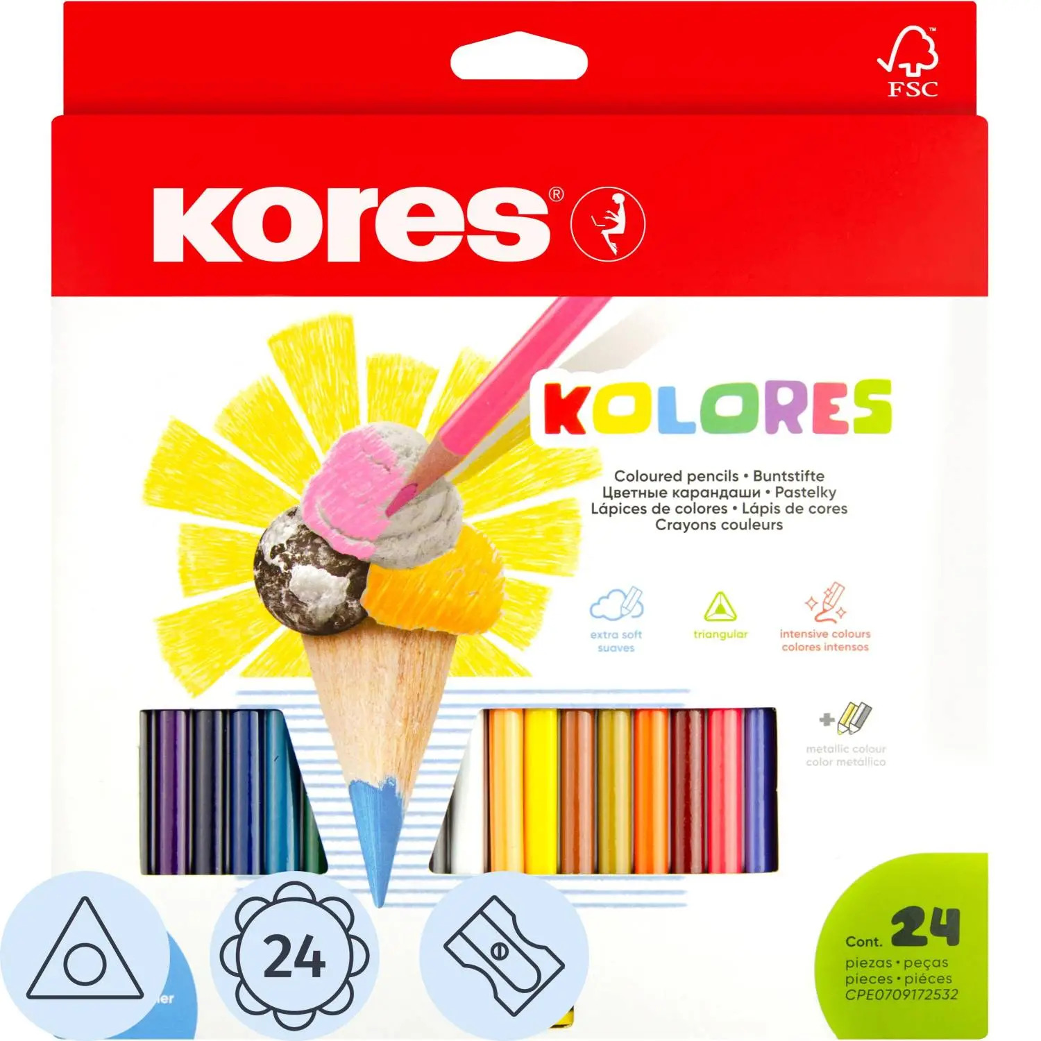 Карандаши 24цв трехгран дерево с точилкой Kores /6