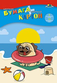Картон цветной А4 8цв 8л + цв бумага 8цв 16л папка Щенок на пляже Апплика /25