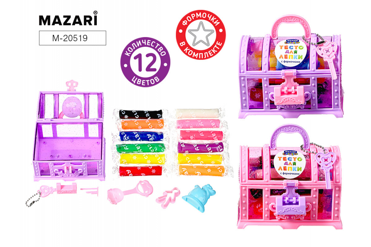 Тесто для лепки 12цв*14гр +4 формочки Сундучок Mazari