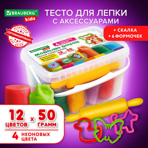 Тесто для лепки 12цв 600гр +6 формочек, скалка  Brauberg