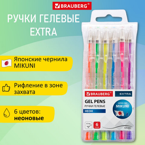 Ручки гел 6цв 0,7мм неон EXTRA Brauberg